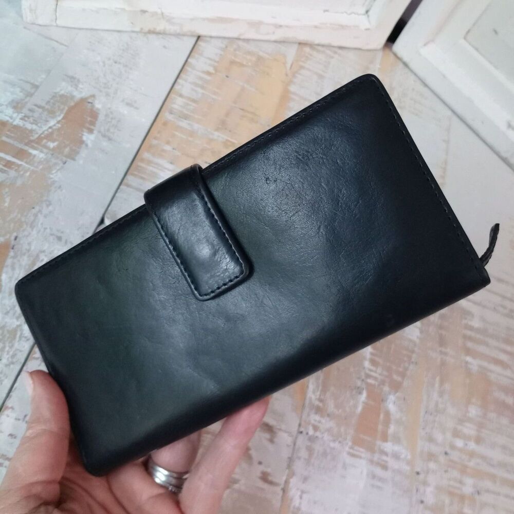 Pelle Studio Italian Leather Black Organizer Bi Fold Wallet Snap Button Classic